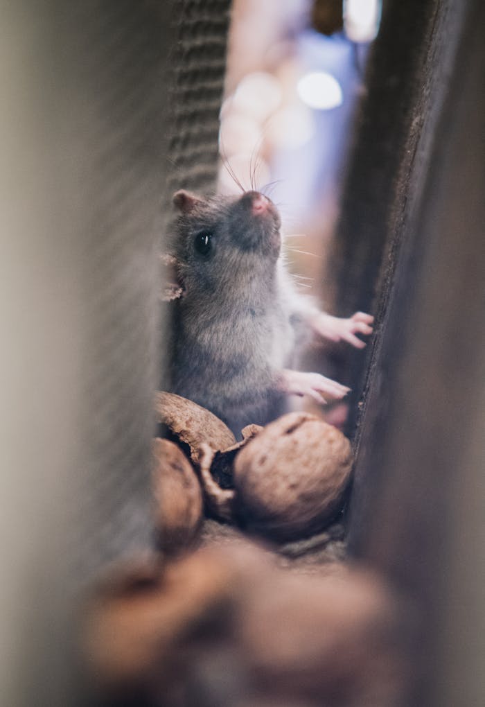 A curious mouse peeks through walnuts in a soft focus image, creating a cozy, natural scene.